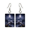 Moonlit summit earrings — mountain summit under a cold moon, cut-paper landscape, made in USA