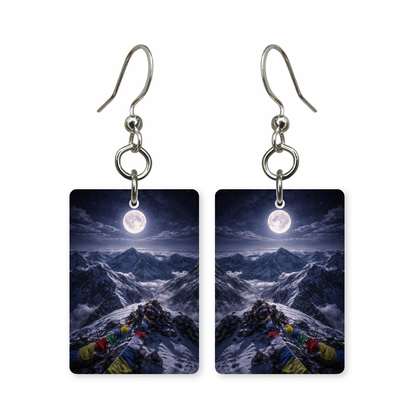 Moonlit summit earrings — mountain summit under a cold moon, cut-paper landscape, made in USA