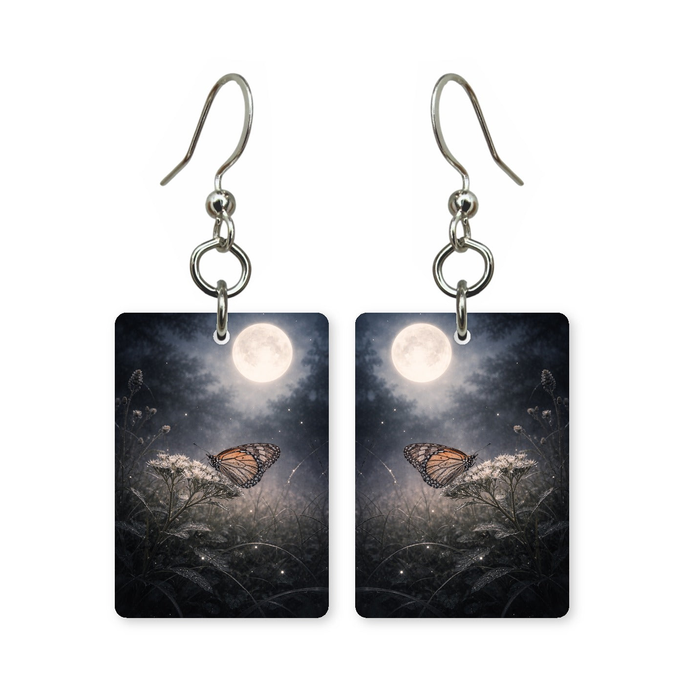 Moonlit monarch earrings — monarch butterfly crossing a full moon, cut-paper art, made in USA
