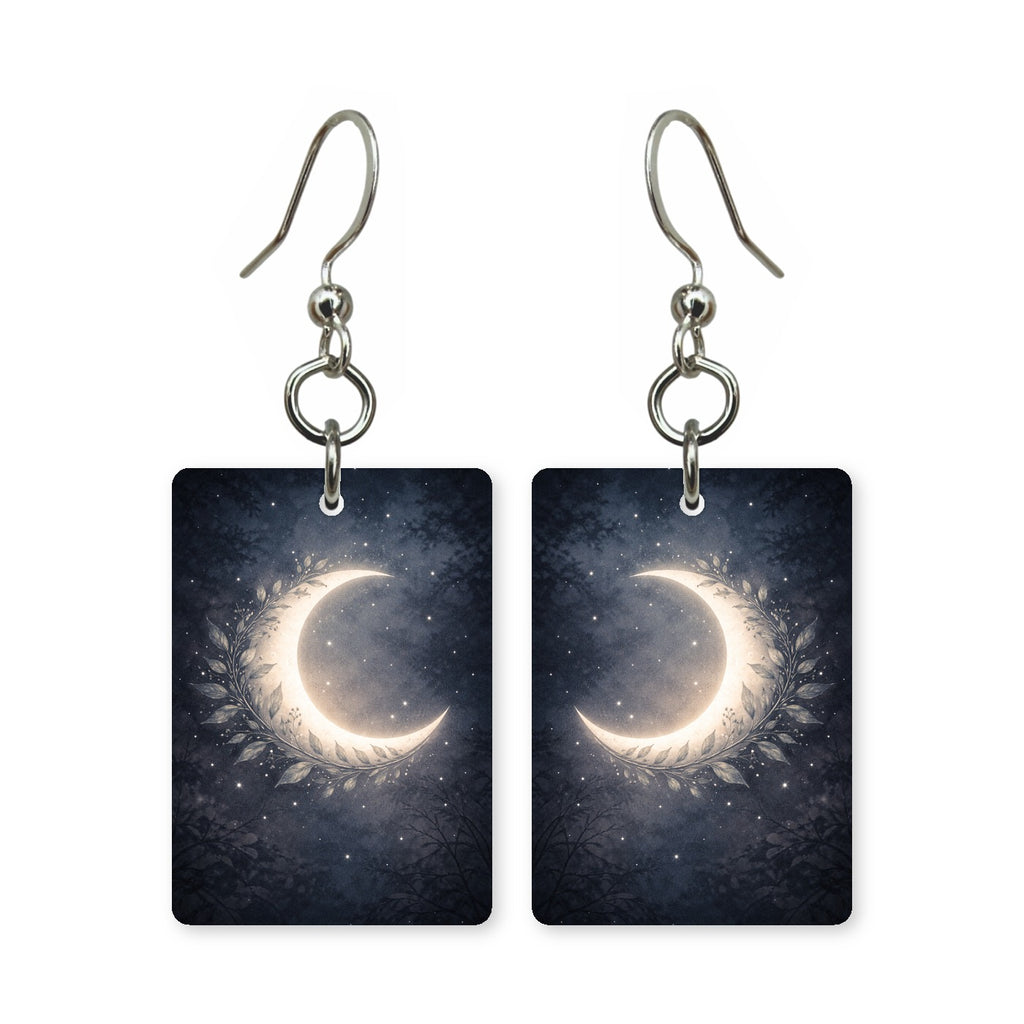 Crescent wreath earrings — crescent moon wrapped in a floral wreath, cut-paper art, made in USA