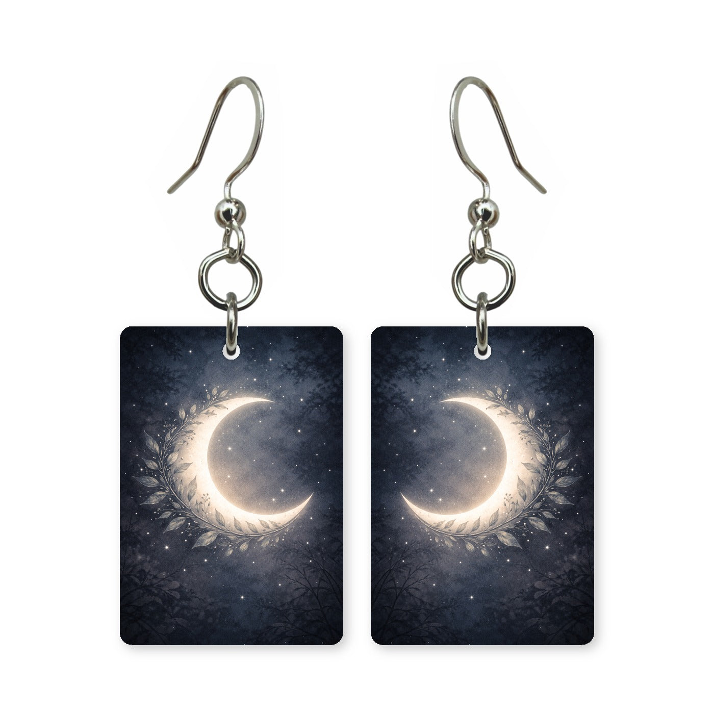 Crescent wreath earrings — crescent moon wrapped in a floral wreath, cut-paper art, made in USA