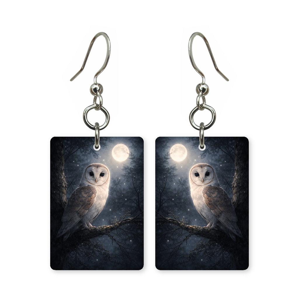 Moonlit owl earrings — owl on a branch under a full moon, cut-paper art, made in USA