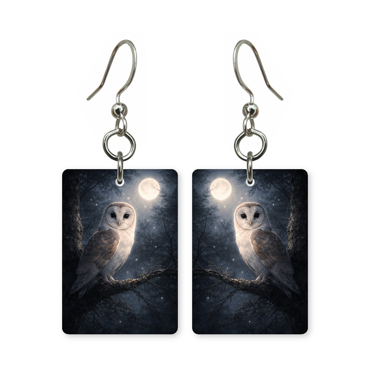 Moonlit owl earrings — owl on a branch under a full moon, cut-paper art, made in USA