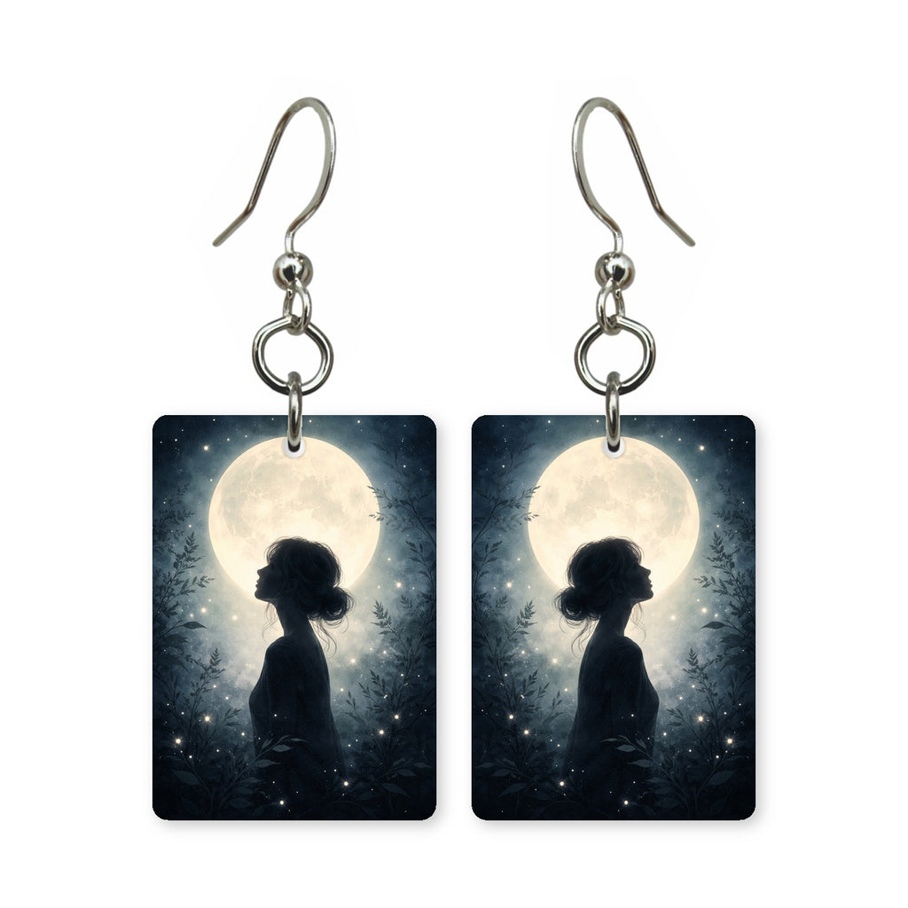 Moongazer silhouette earrings — silhouetted figure looking up at the moon, made in USA