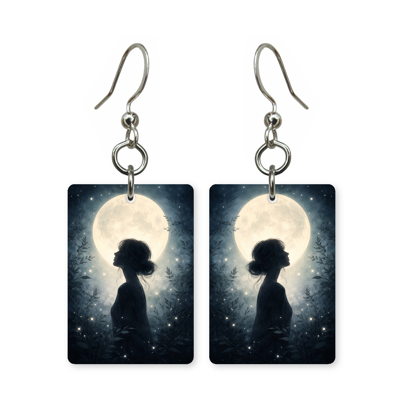 Moongazer silhouette earrings — silhouetted figure looking up at the moon, made in USA