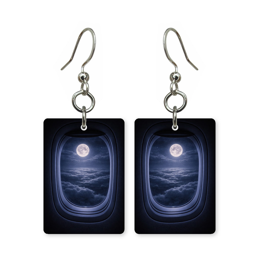 Window seat moon earrings — window seat with a full moon in the frame, made in USA
