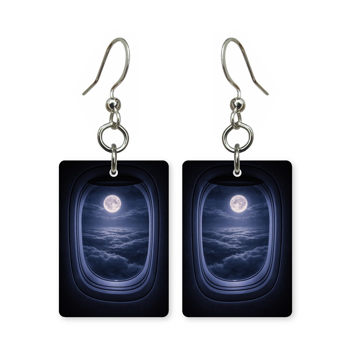 Window seat moon earrings — window seat with a full moon in the frame, made in USA