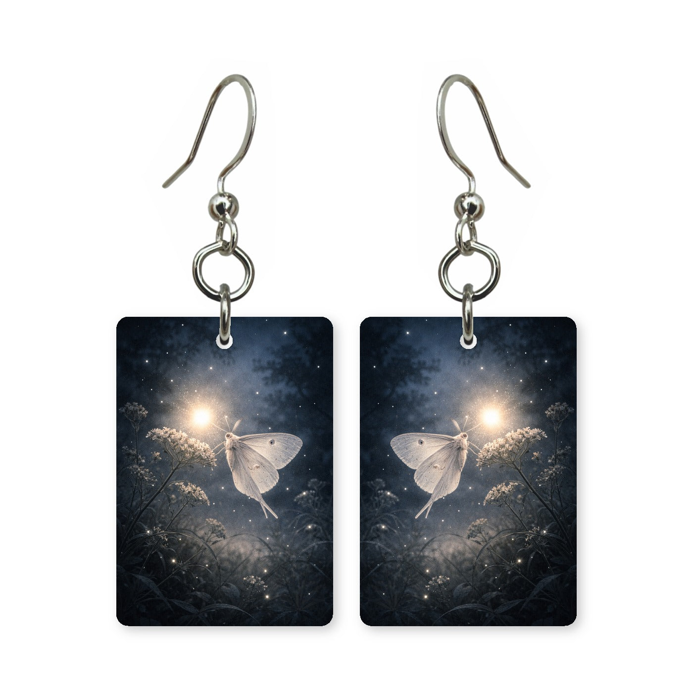Moonlit moth earrings — moth crossing in front of a full moon, cut-paper art, made in USA