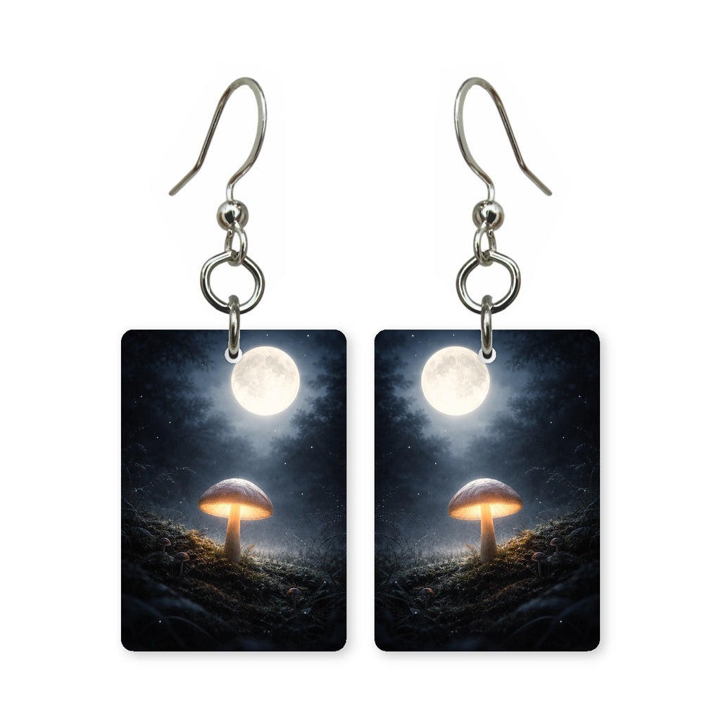 Moonlit mushroom earrings — mushrooms lit blue under a night moon, cut-paper art, made in USA