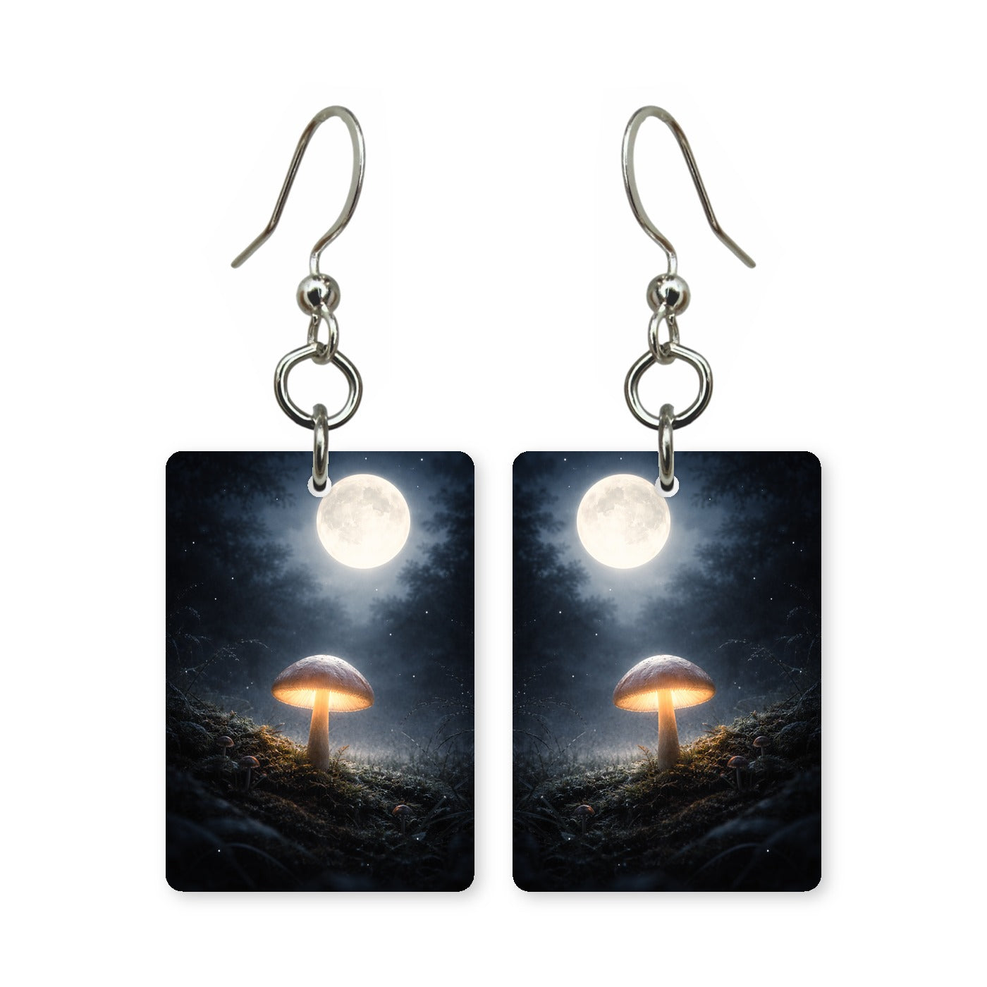 Moonlit mushroom earrings — mushrooms lit blue under a night moon, cut-paper art, made in USA