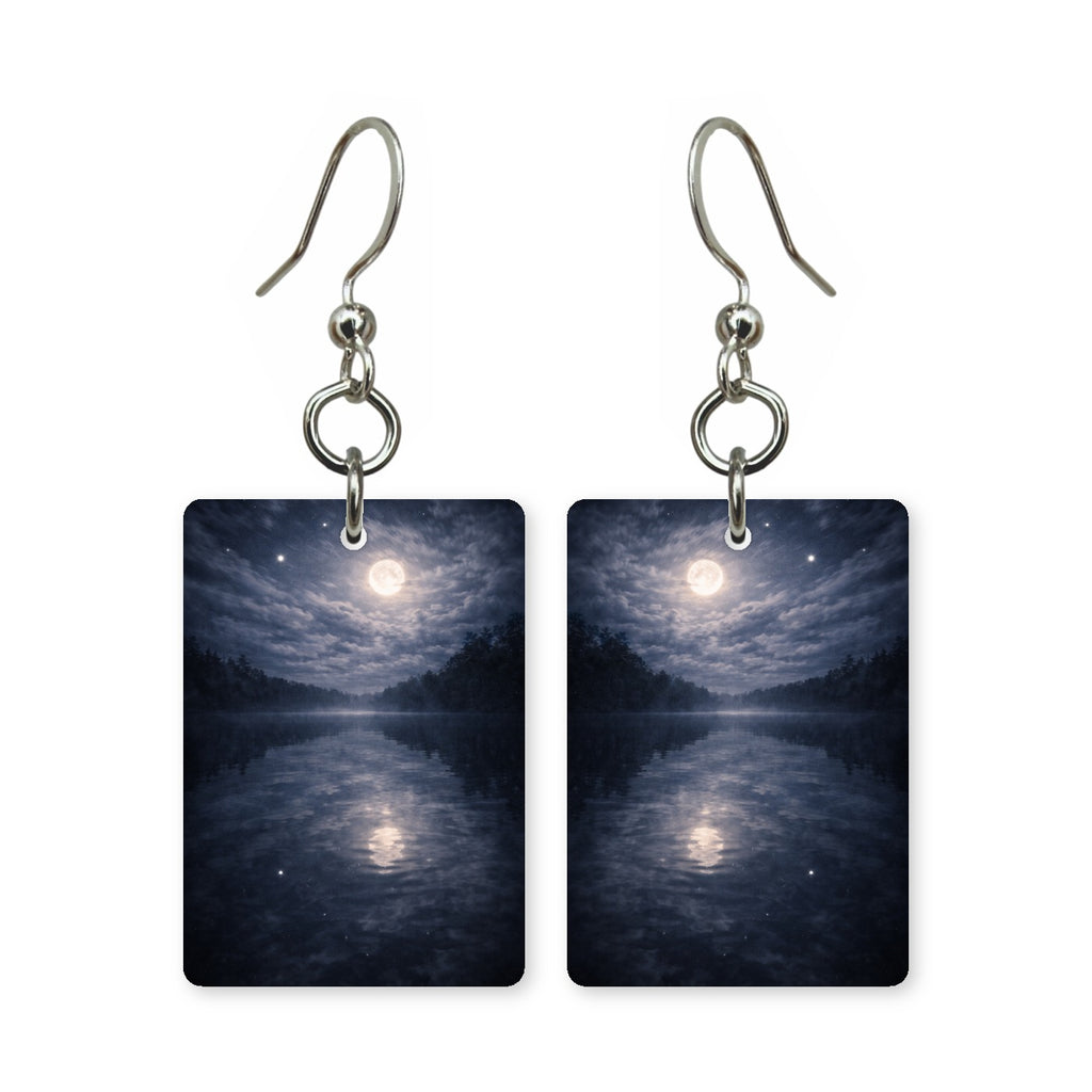 Moonlit lake earrings — moonlight across a still lake, cut-paper night landscape, made in USA