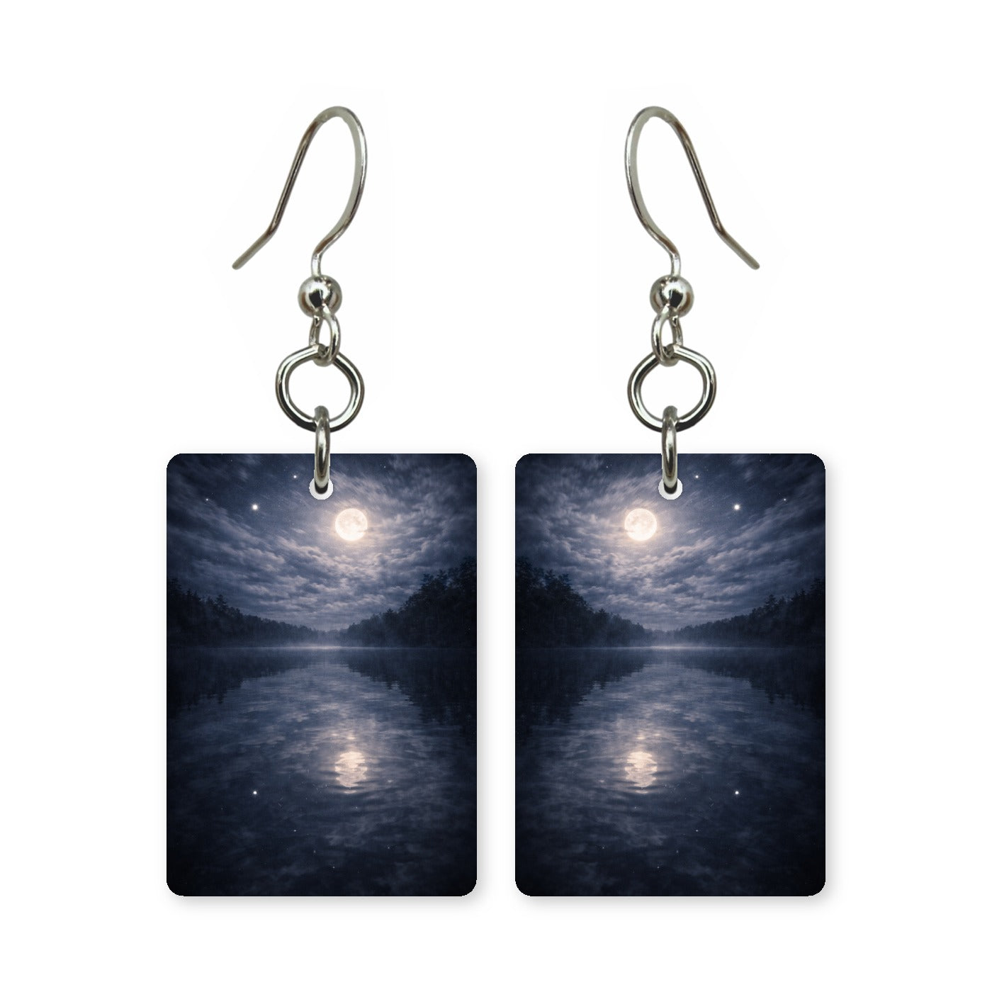 Moonlit lake earrings — moonlight across a still lake, cut-paper night landscape, made in USA