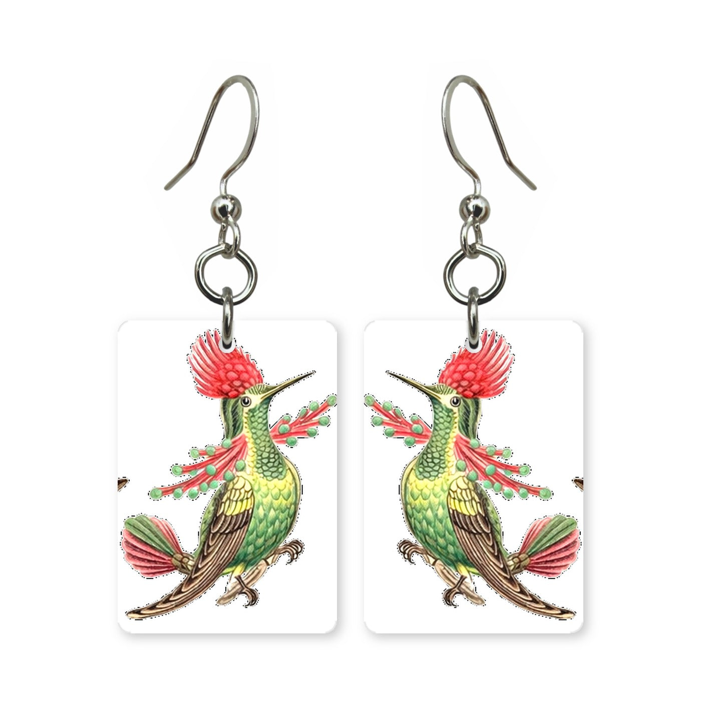 Crested hummingbird earrings — hummingbird with raised crest, cut-paper art, made in USA
