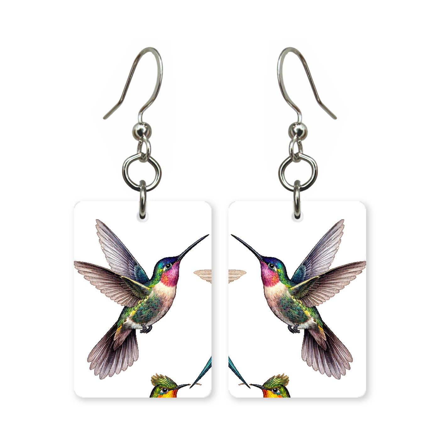 Amethyst hummingbird earrings — purple-throated hummingbird in cut paper, made in USA