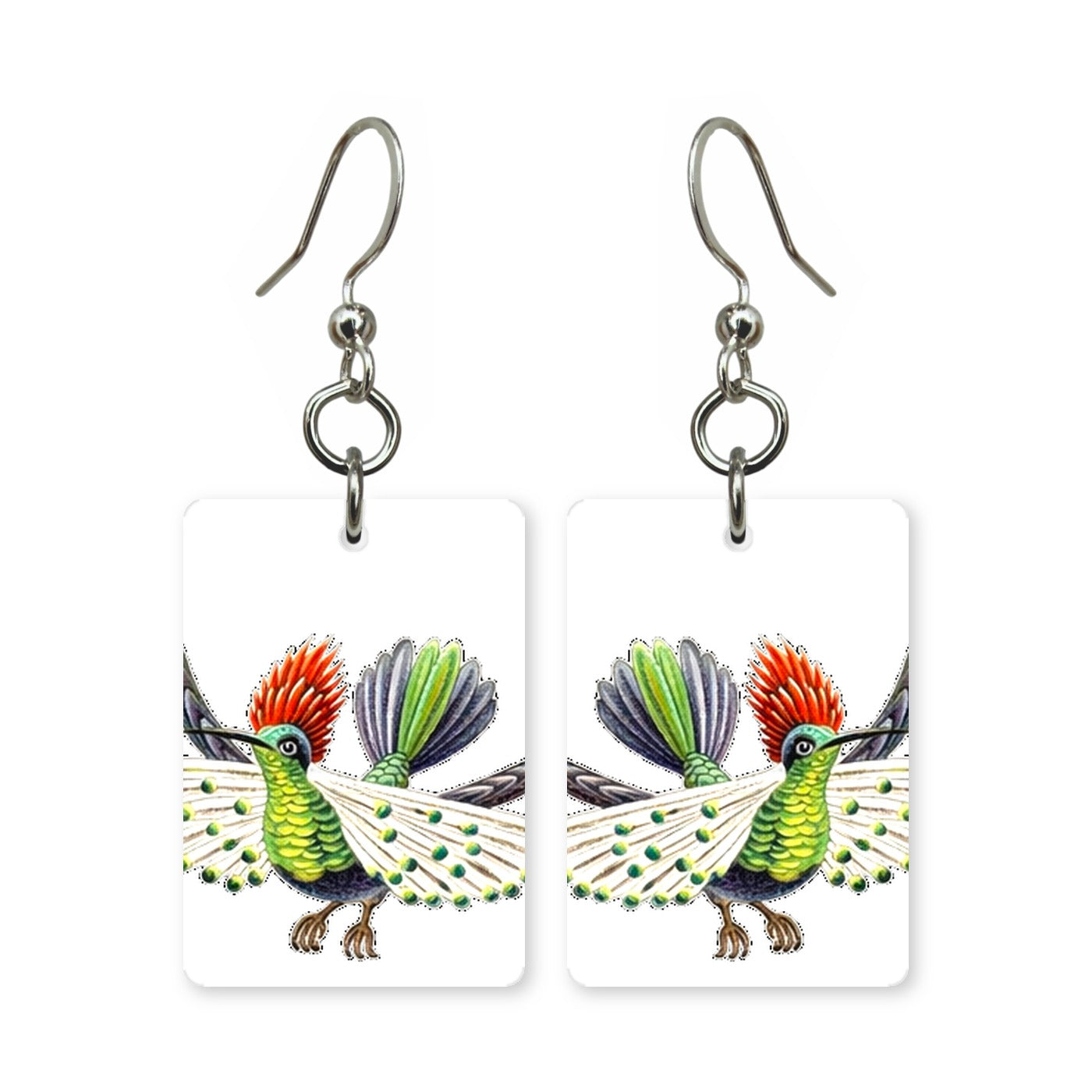 Fantail hummingbird earrings — hummingbird with tail fanned wide, cut-paper art, made in USA