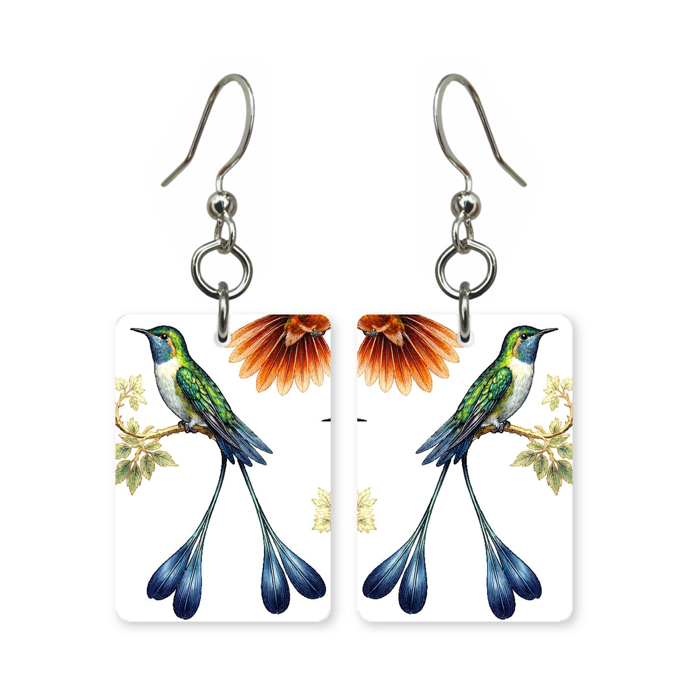 Streamertail hummingbird earrings — hummingbird with long trailing tail feathers, made in USA