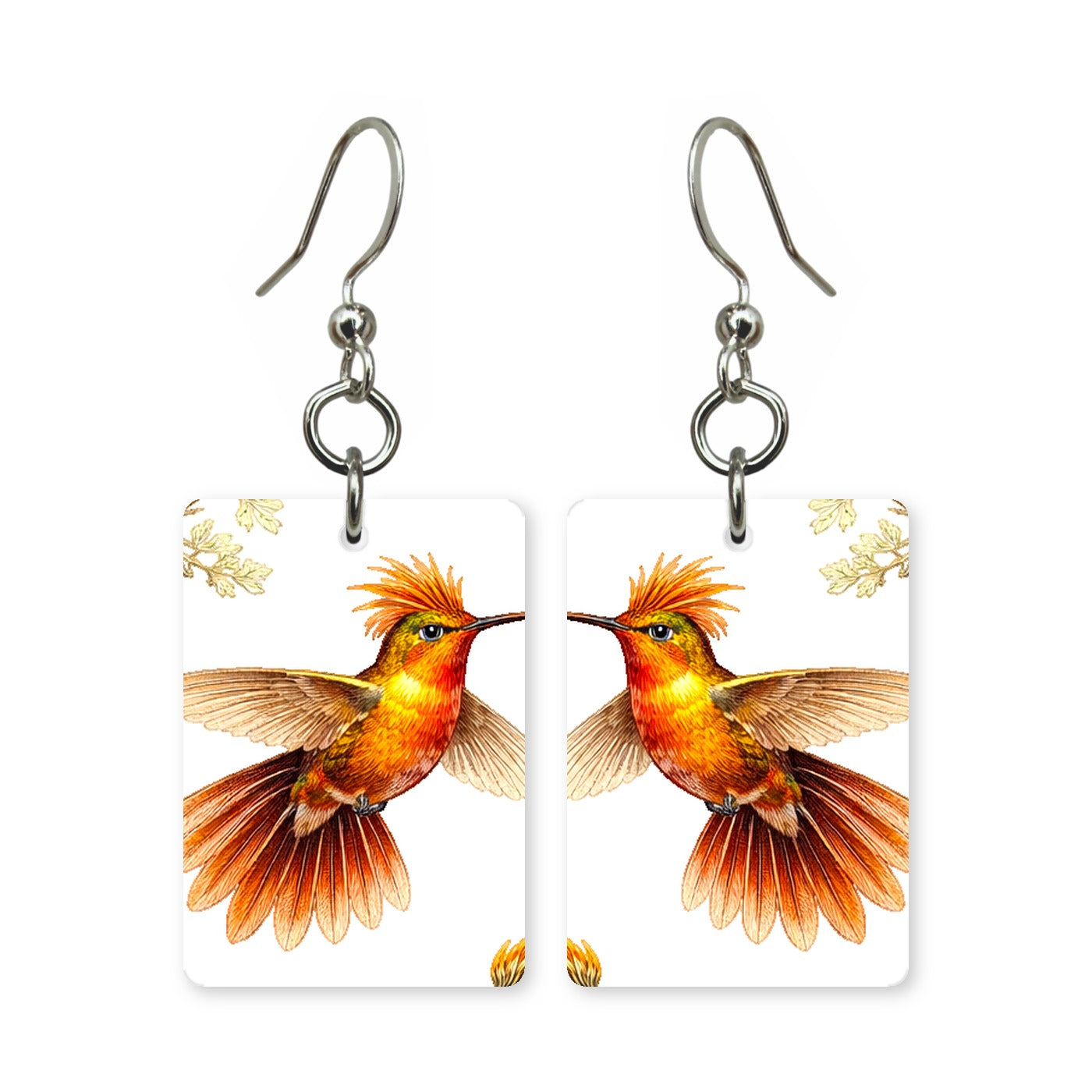 Fiery hummingbird earrings — hummingbird in hot orange and red, cut-paper art, made in USA