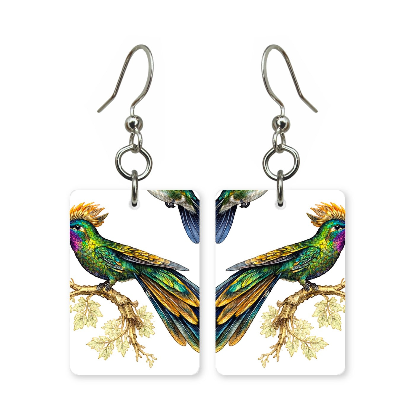 Emerald hummingbird earrings — green iridescent hummingbird in cut paper, made in USA