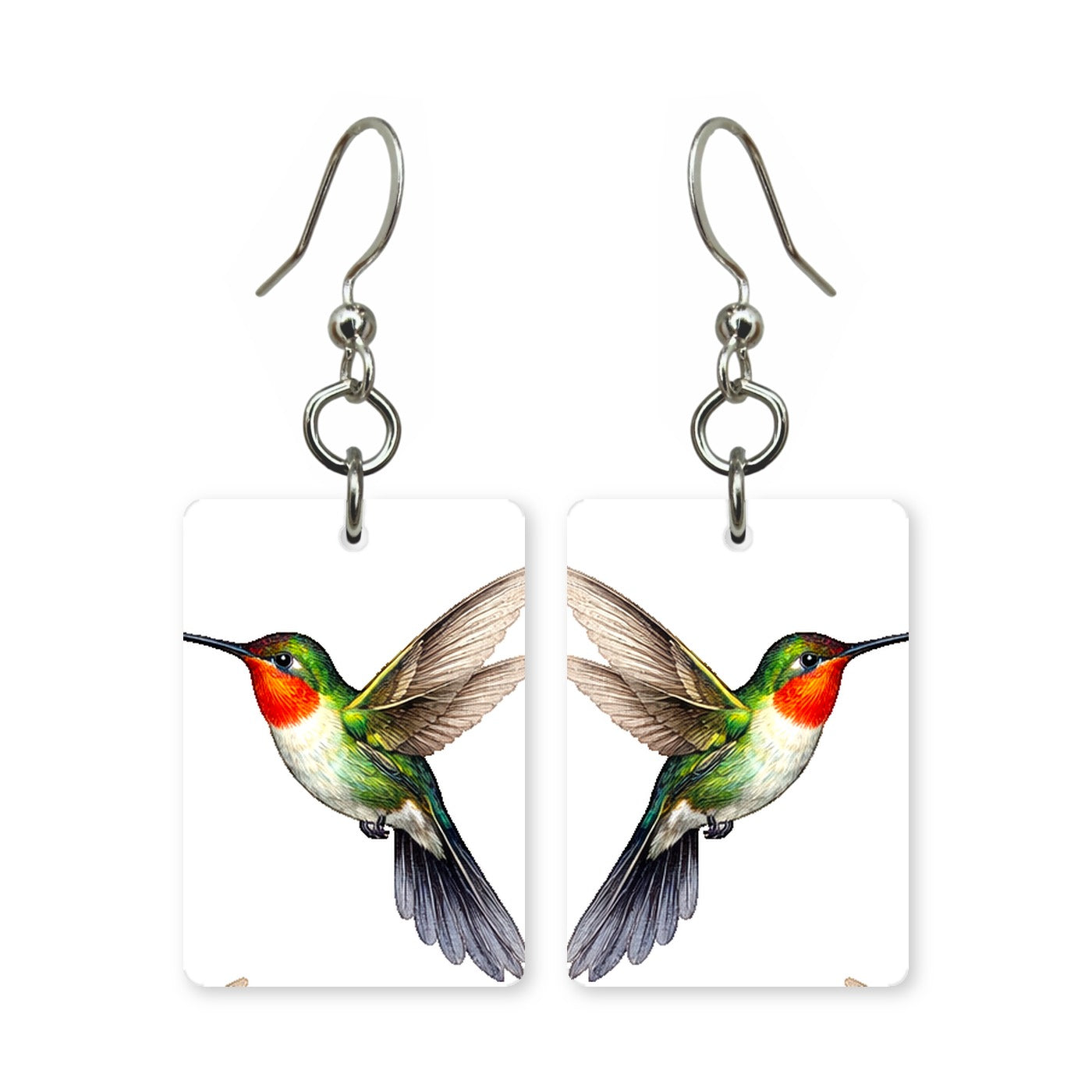 Ruby-throated hummingbird earrings — red-throated hummingbird mid-hover, made in USA