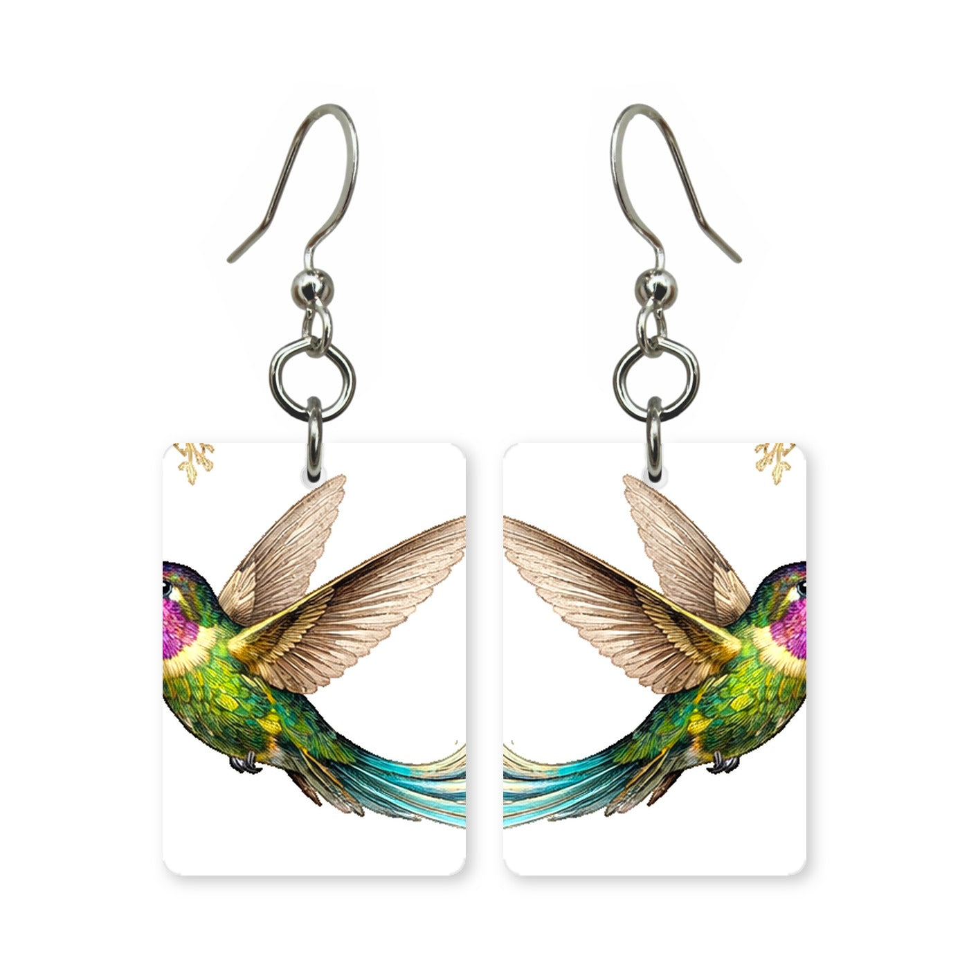 Violet hummingbird earrings — violet iridescent hummingbird in cut paper, made in USA