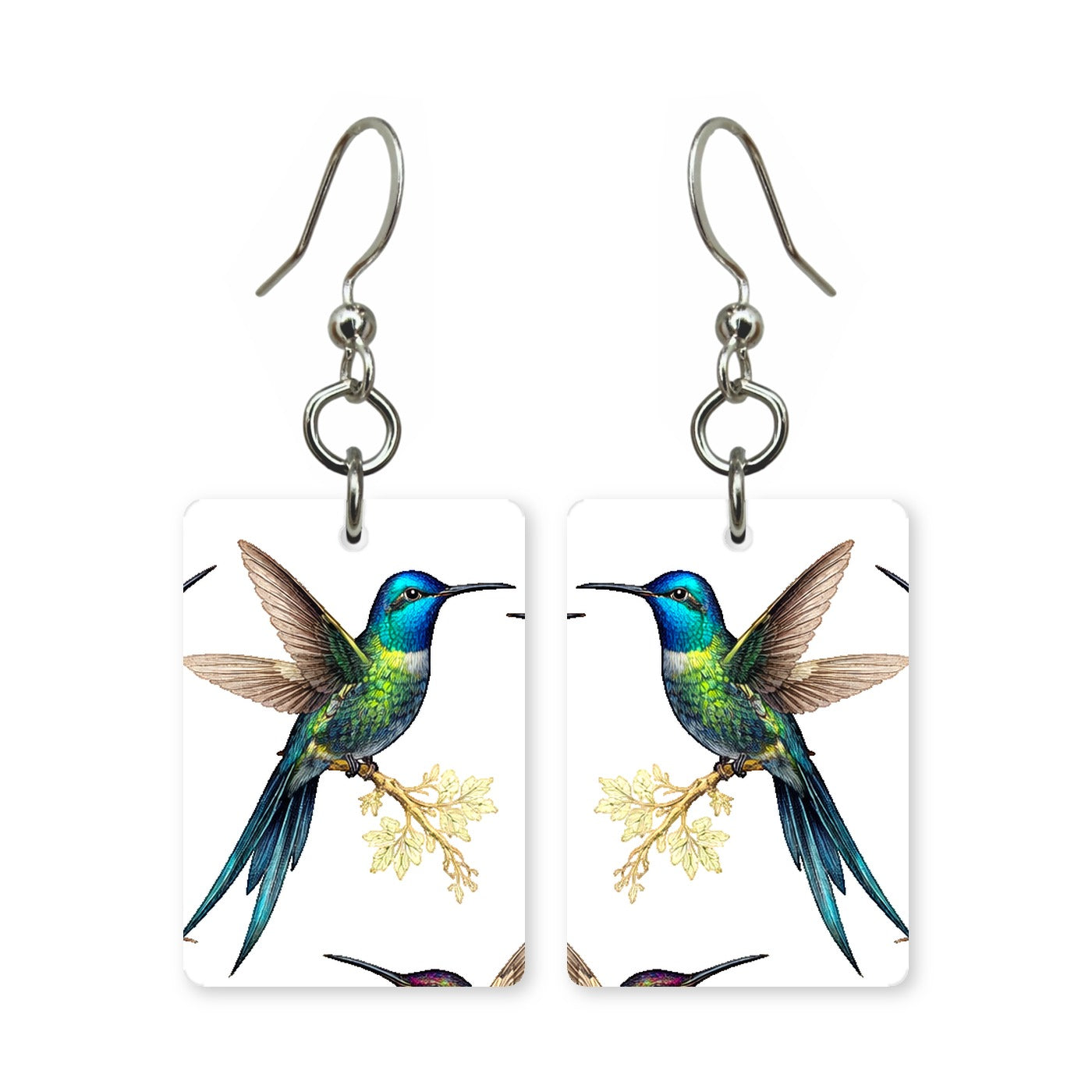 Sapphire hummingbird earrings — deep blue hovering hummingbird, cut-paper art, made in USA