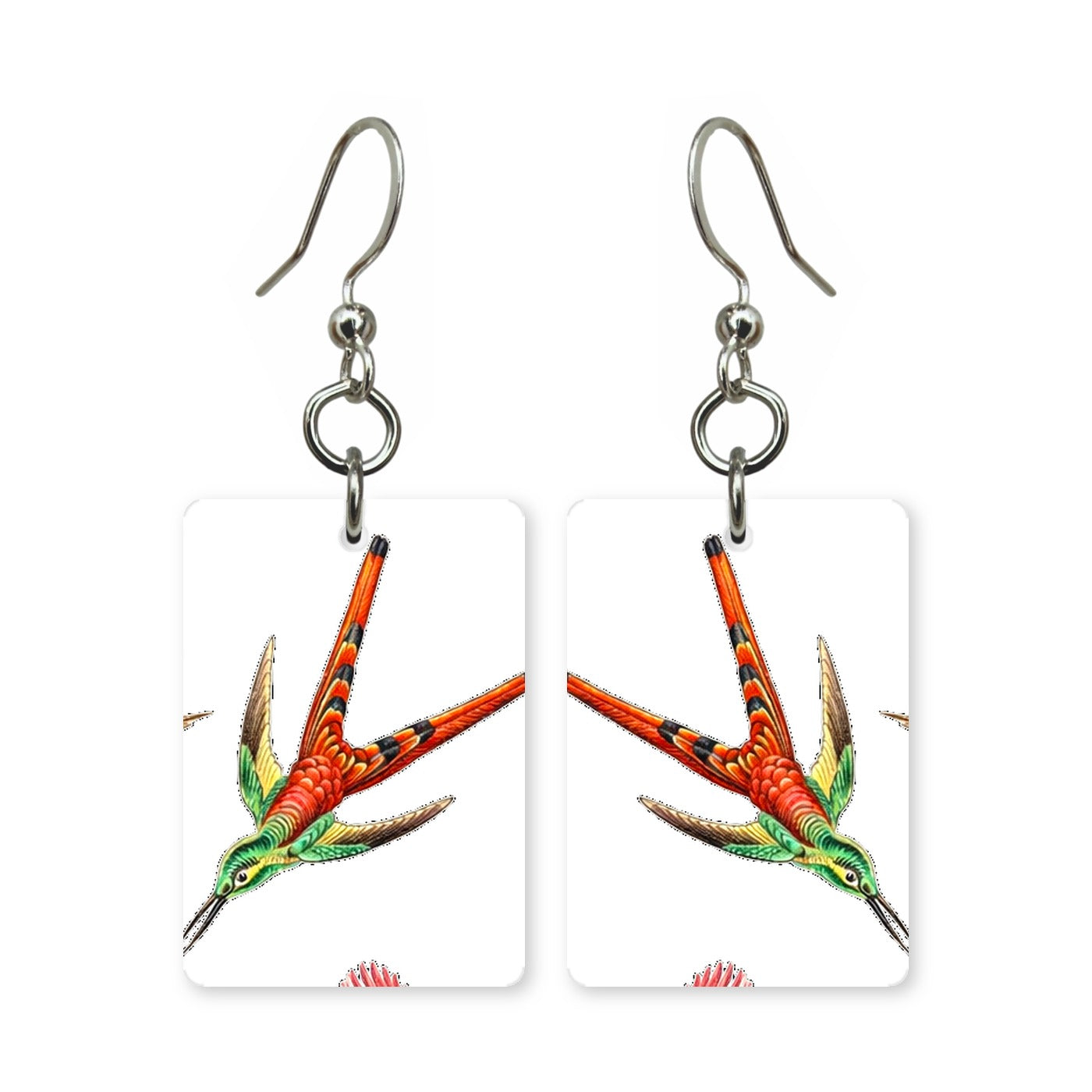 Diving hummingbird earrings — hummingbird in full dive, cut-paper art, made in USA