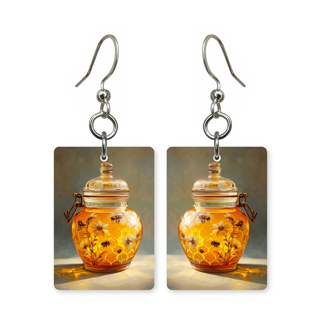 Honey jar bloom earrings — honey jar overflowing with flowers, cut-paper art, made in USA