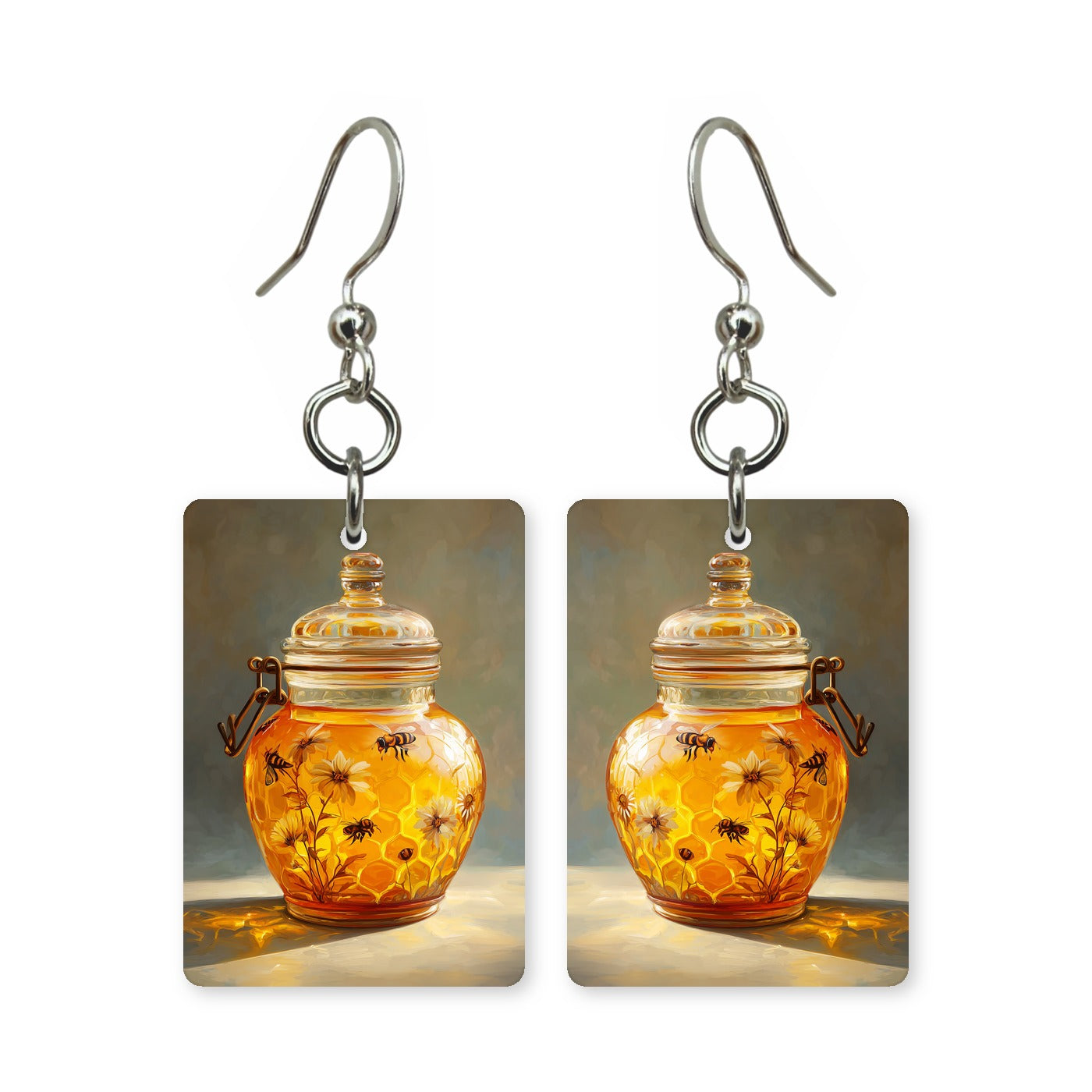 Honey jar bloom earrings — honey jar overflowing with flowers, cut-paper art, made in USA
