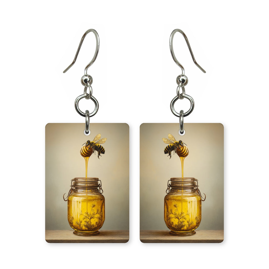 Honey dipper jar earrings — wooden dipper resting in a full honey jar, made in USA