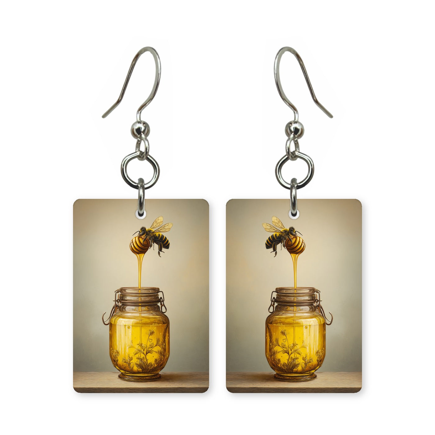 Honey dipper jar earrings — wooden dipper resting in a full honey jar, made in USA