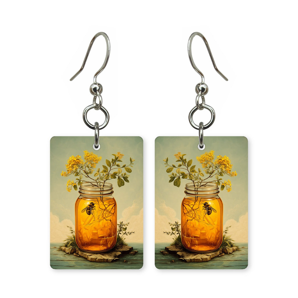Wildflower honey earrings — honey jar surrounded by wildflower blooms, made in USA