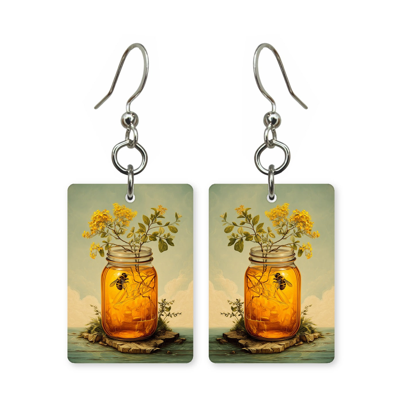 Wildflower honey earrings — honey jar surrounded by wildflower blooms, made in USA