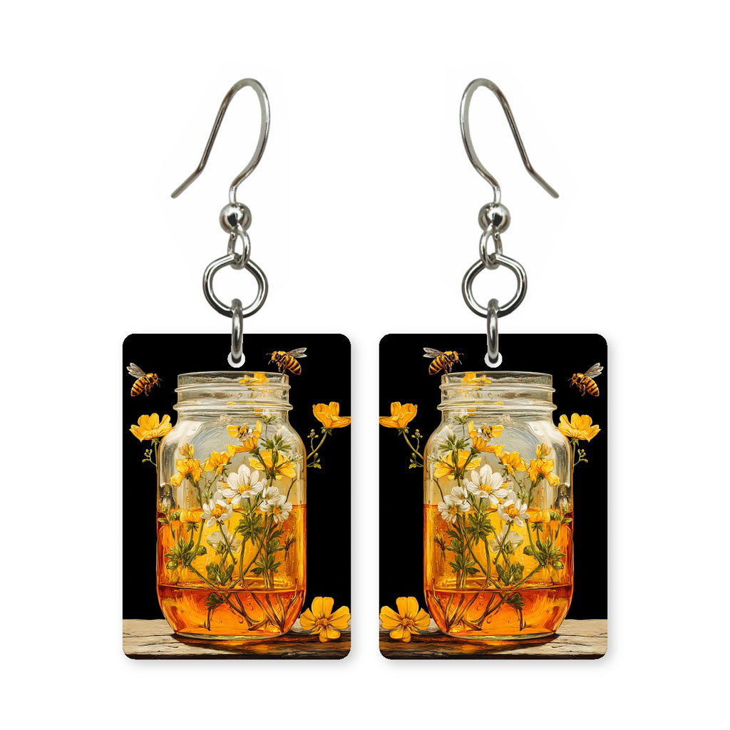 Buttercup honey jar earrings — honey jar crowned with buttercups, cut-paper art, made in USA