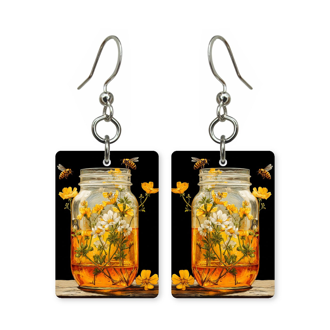 Buttercup honey jar earrings — honey jar crowned with buttercups, cut-paper art, made in USA
