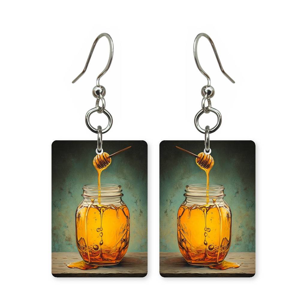 Golden honey drizzle earrings — honey pouring gold off a dipper, made in USA