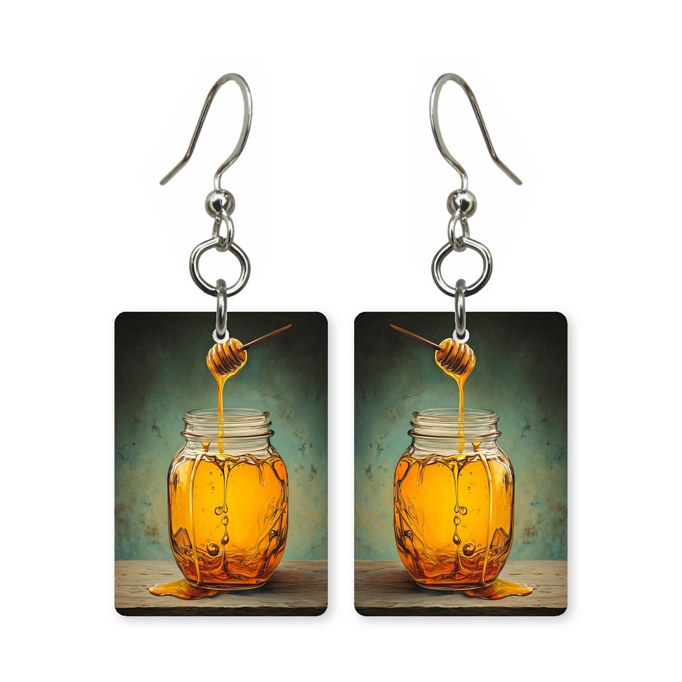 Golden honey drizzle earrings — honey pouring gold off a dipper, made in USA