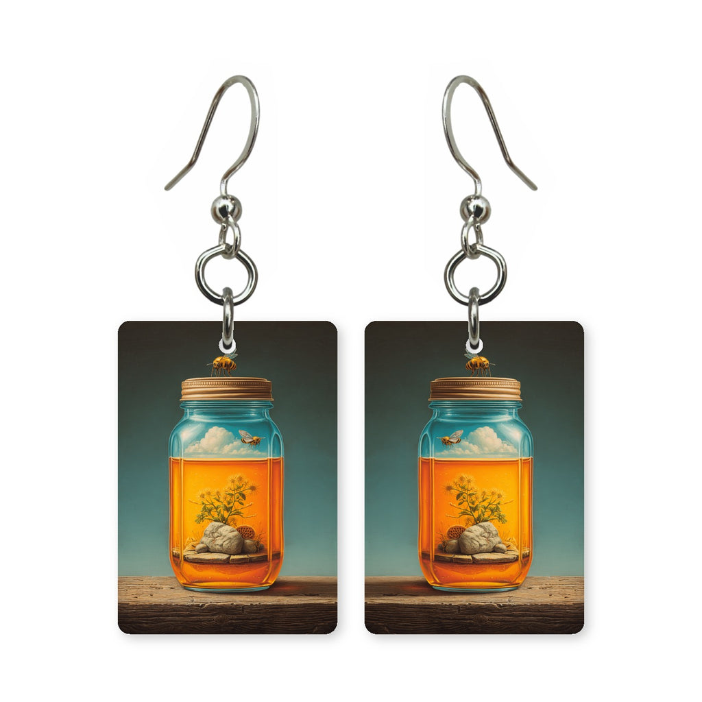 Sky in a jar earrings — glass jar holding clouds and open sky, cut-paper art, made in USA