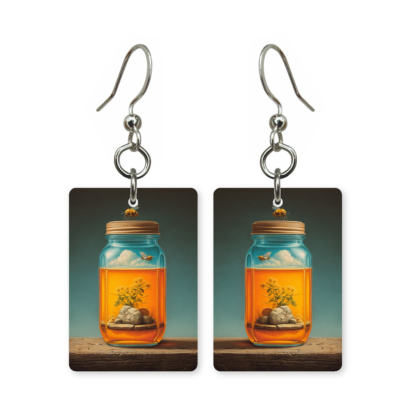 Sky in a jar earrings — glass jar holding clouds and open sky, cut-paper art, made in USA
