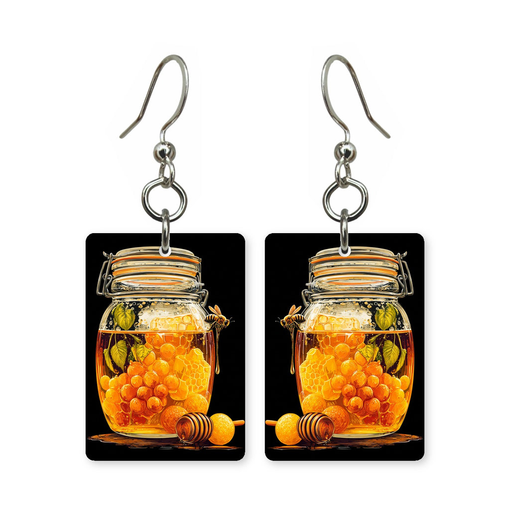 Honeycomb jar earrings — honey jar filled with golden comb, upcycled paperboard, made in USA