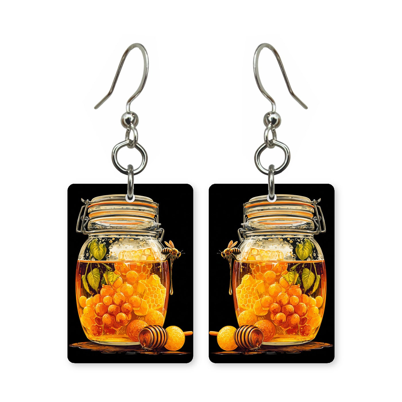Honeycomb jar earrings — honey jar filled with golden comb, upcycled paperboard, made in USA