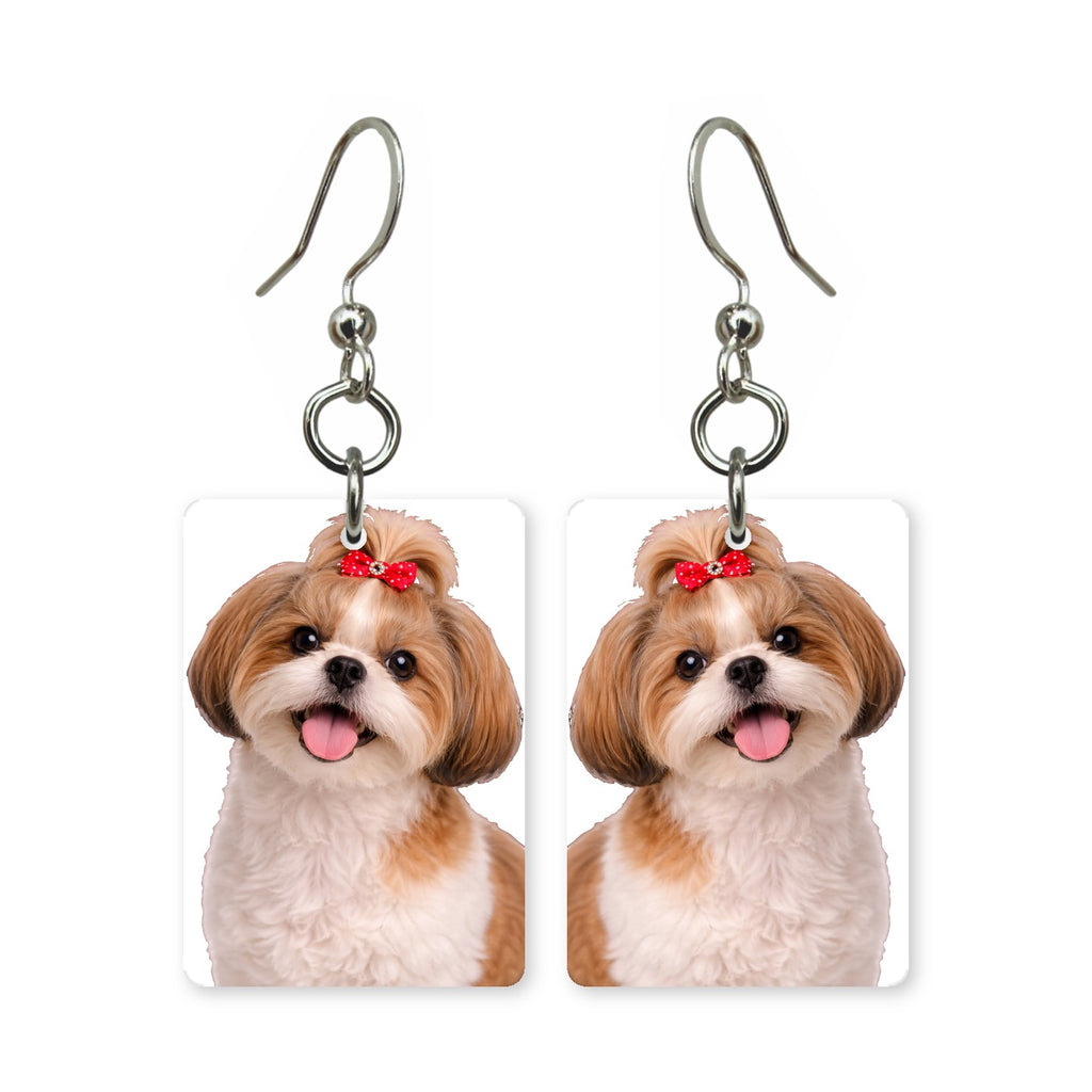 Shih Tzu earrings — shih tzu with topknot bow in cut-paper portrait, made in USA