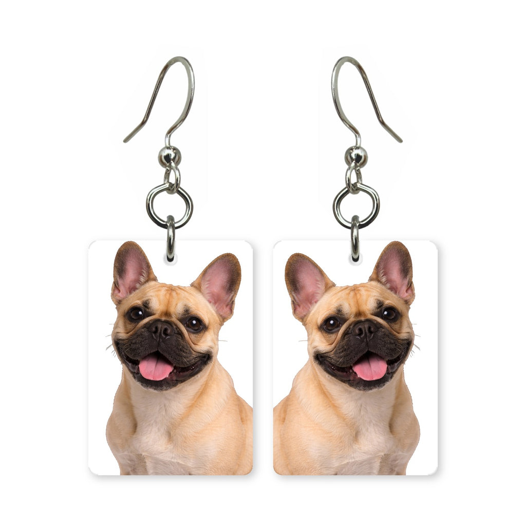 Fawn French bulldog earrings — Frenchie with bat ears in cut-paper portrait, made in USA