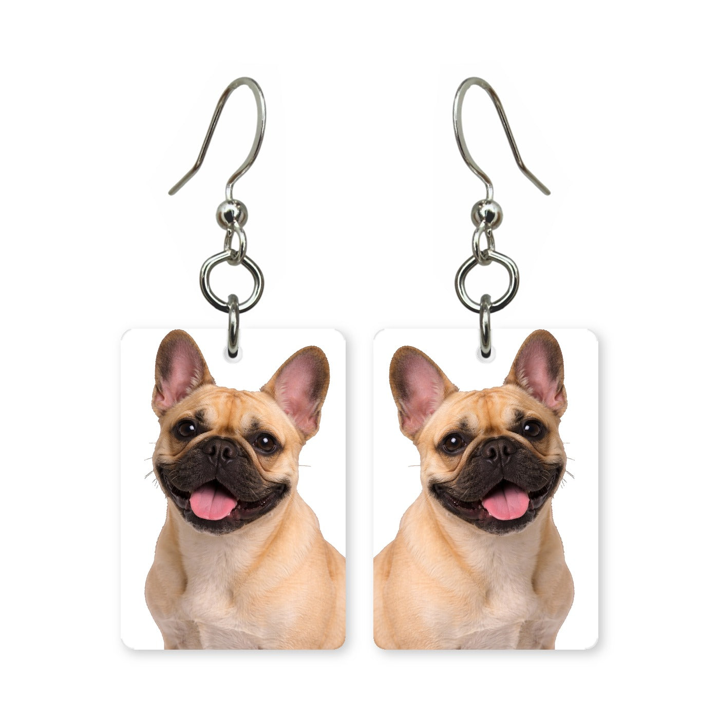 Fawn French bulldog earrings — Frenchie with bat ears in cut-paper portrait, made in USA