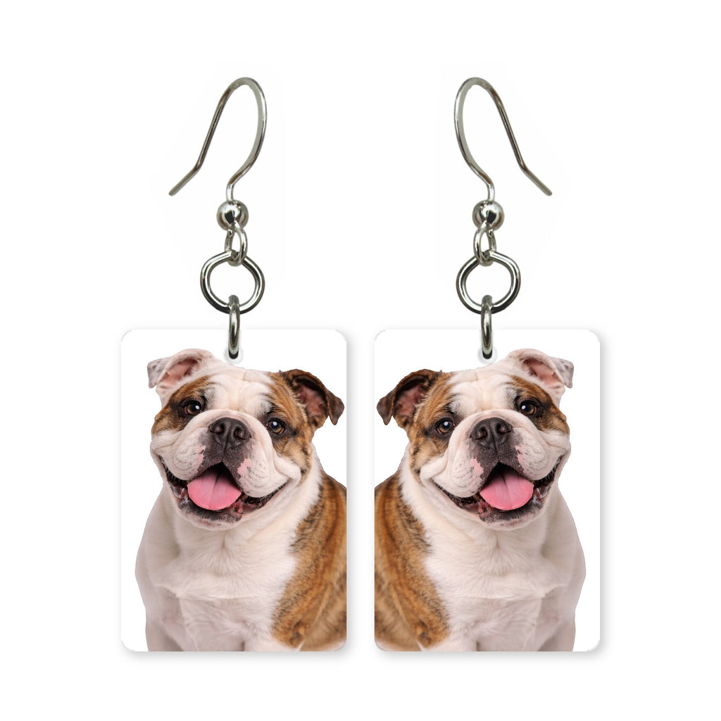 English bulldog earrings — grinning bulldog portrait in cut paper, made in USA