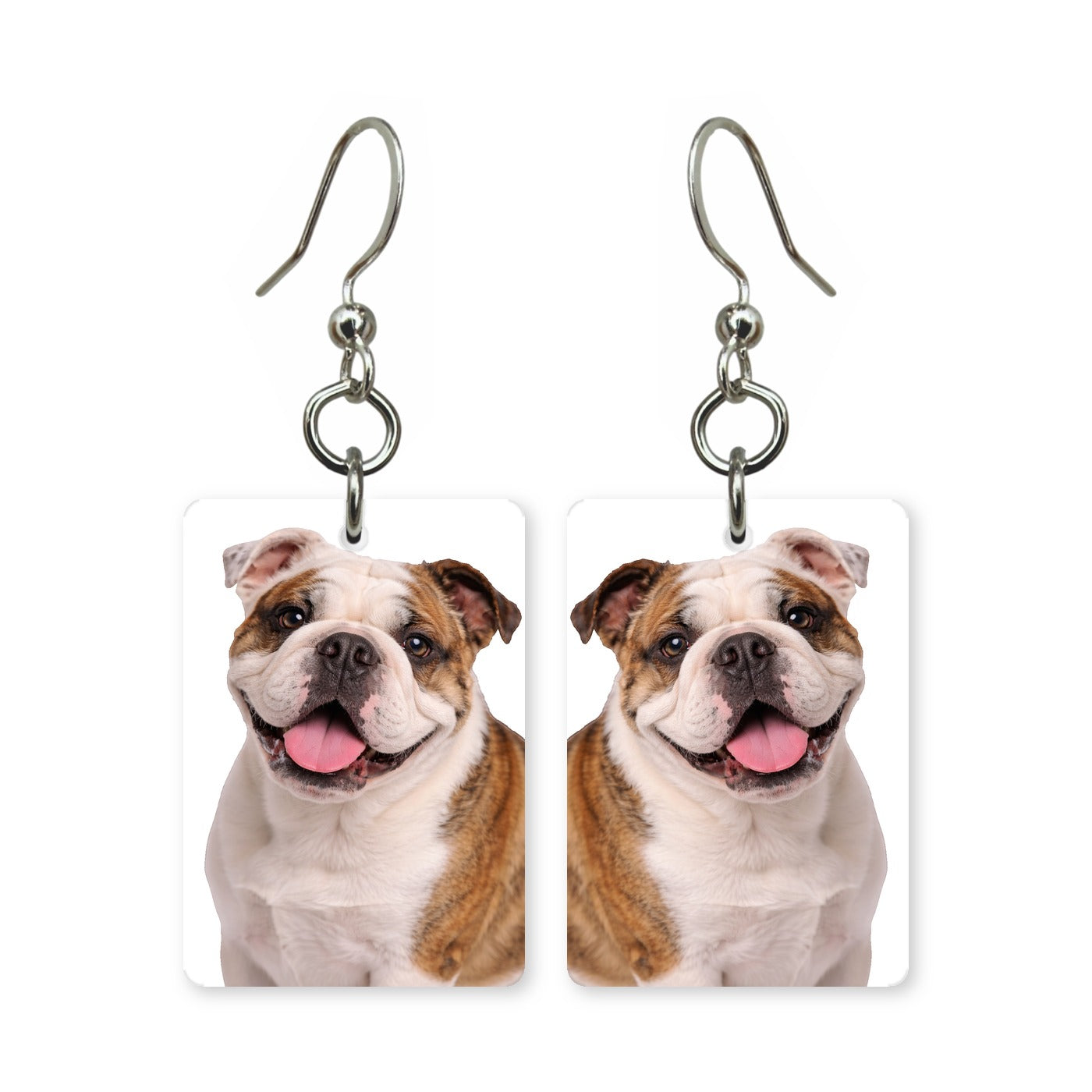 English bulldog earrings — grinning bulldog portrait in cut paper, made in USA