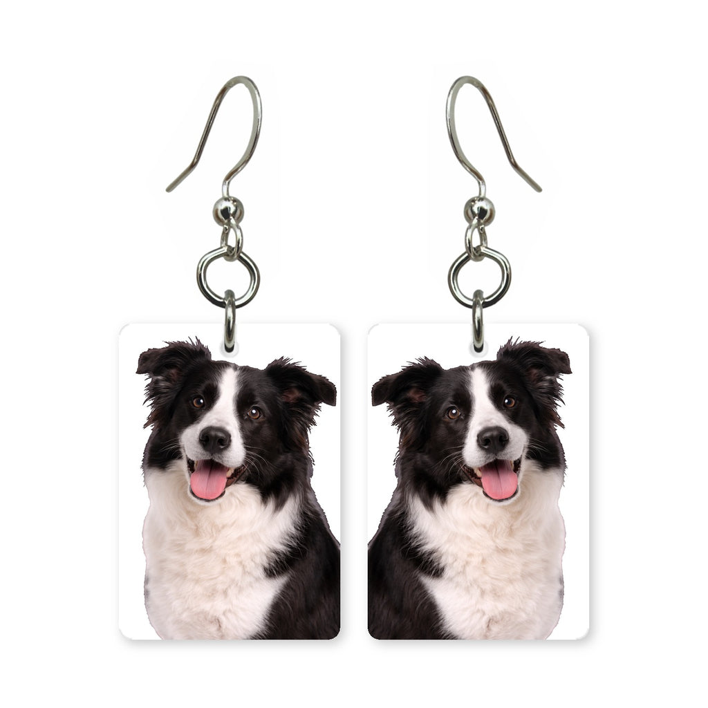 Border collie earrings — focused border collie portrait in cut paper, made in USA