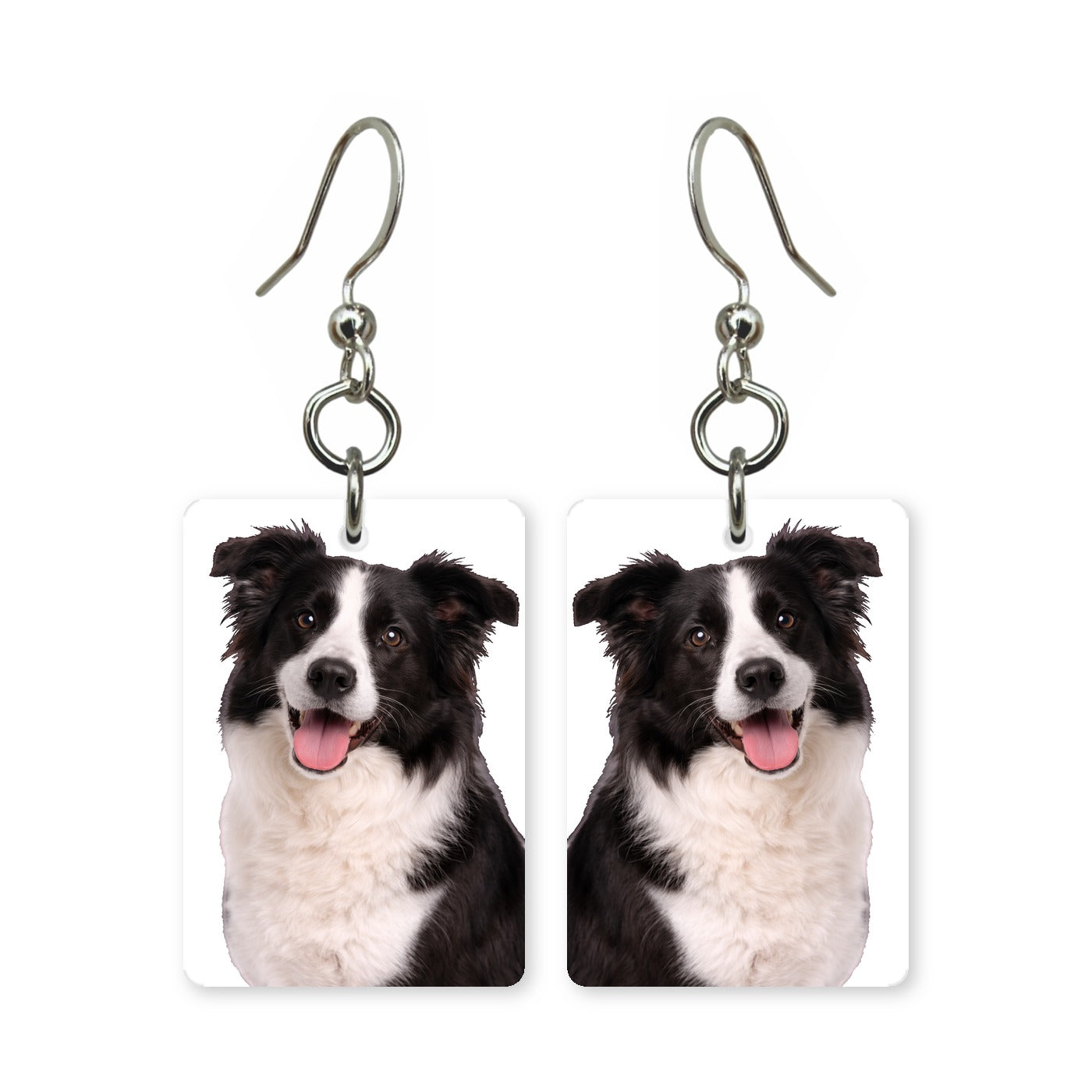Border collie earrings — focused border collie portrait in cut paper, made in USA