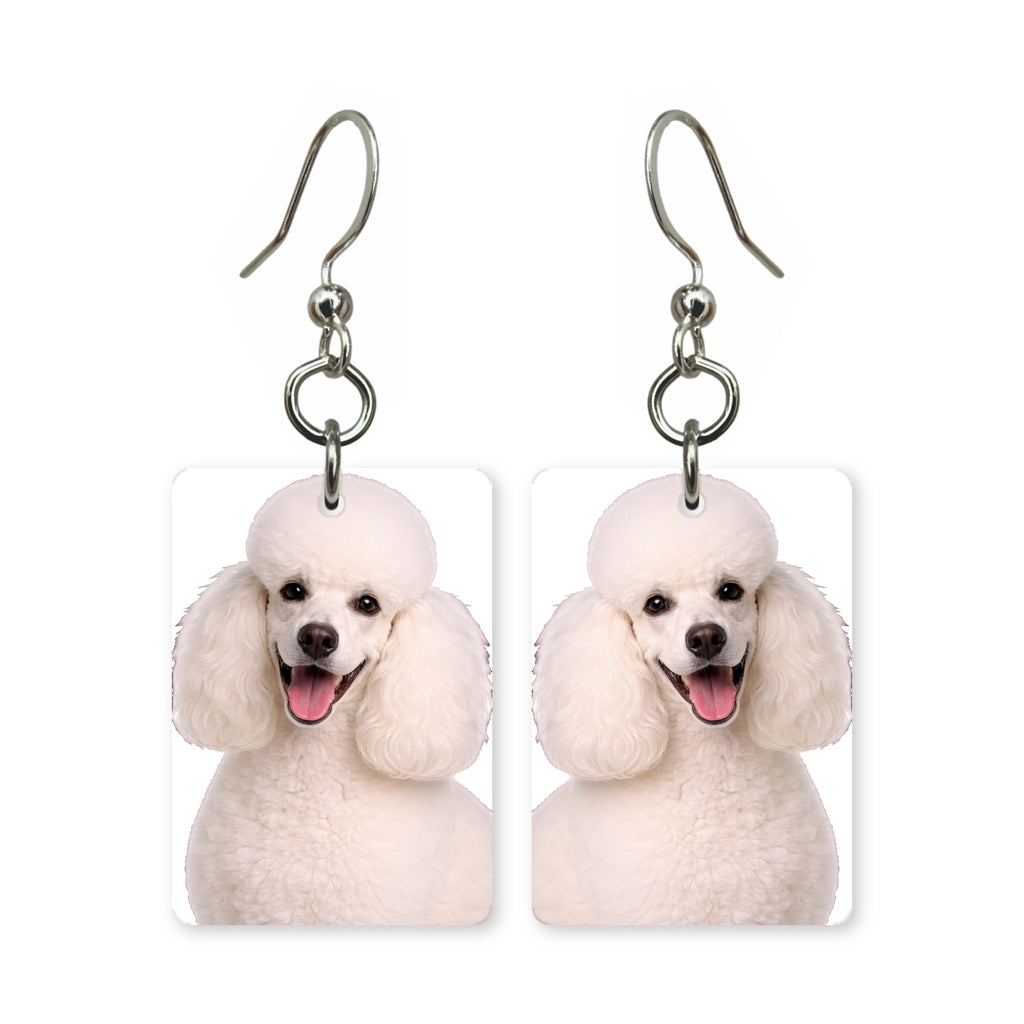 White poodle earrings — poodle in full puff coat, cut-paper portrait, made in USA