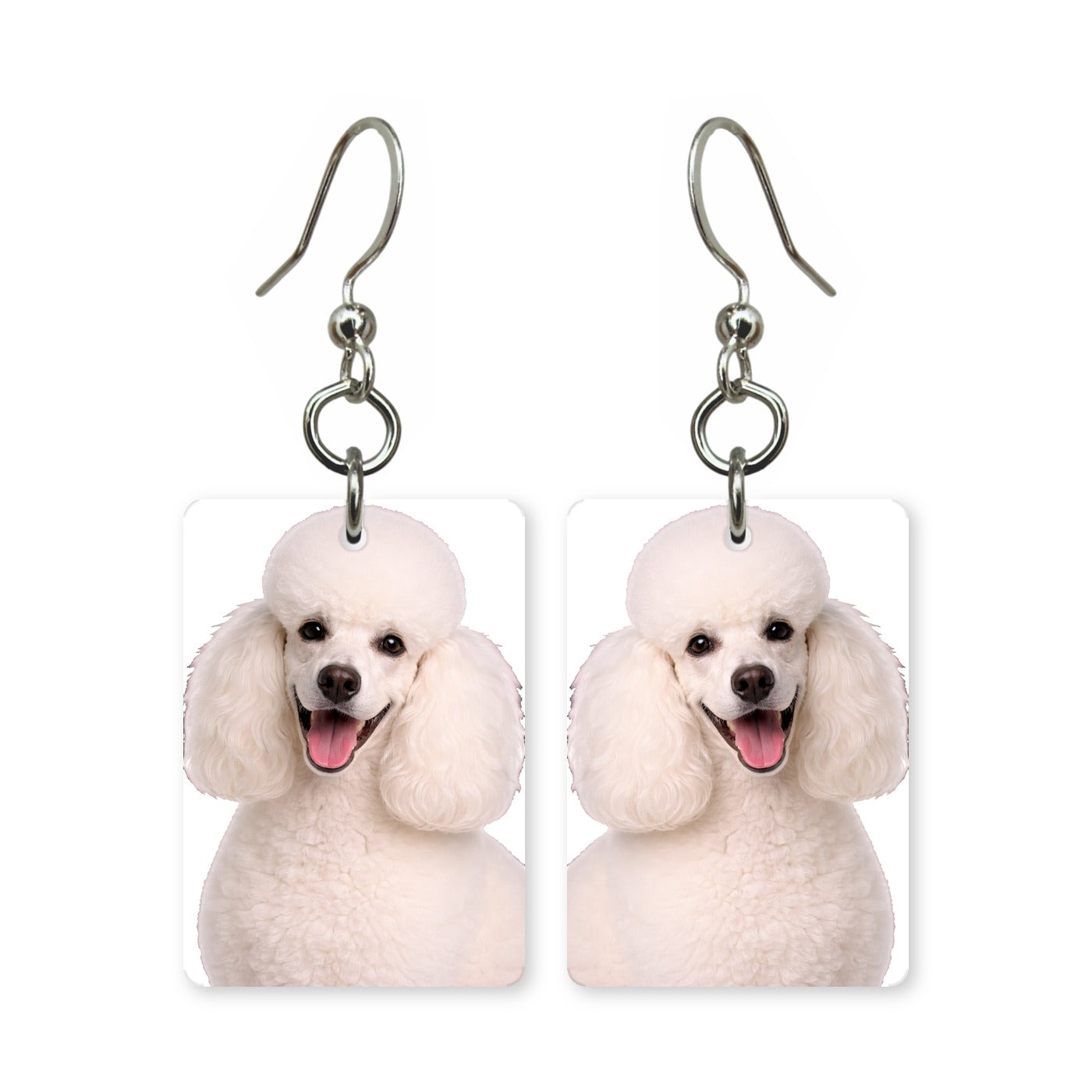 White poodle earrings — poodle in full puff coat, cut-paper portrait, made in USA