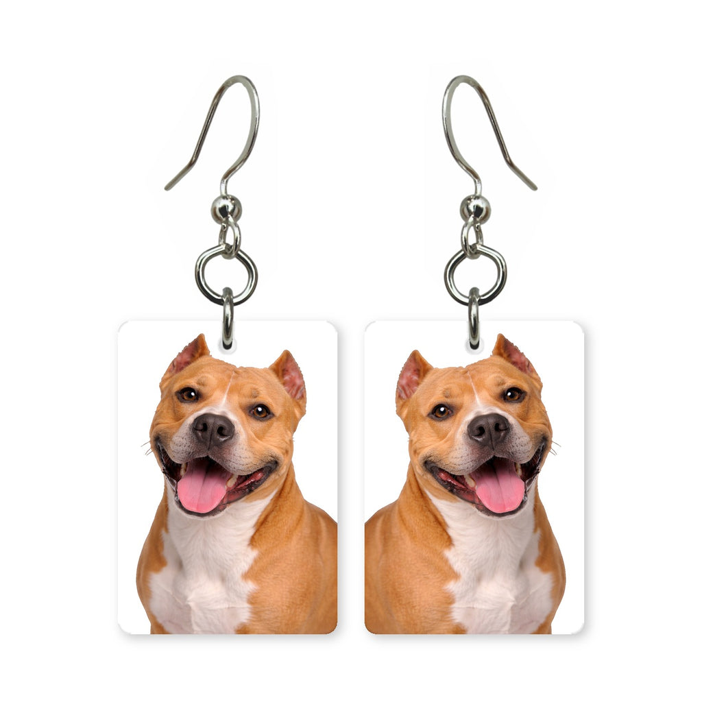 Staffordshire Terrier earrings — Staffy dog portrait with wide grin, cut paper, made in USA